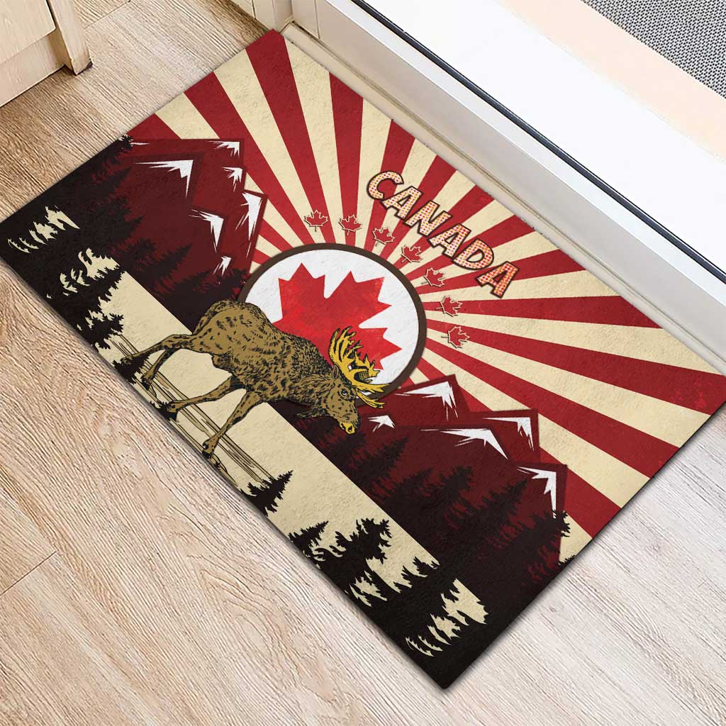 Personalized Canada Maple Leaf Rubber Doormat Moose And Forest Retro Style