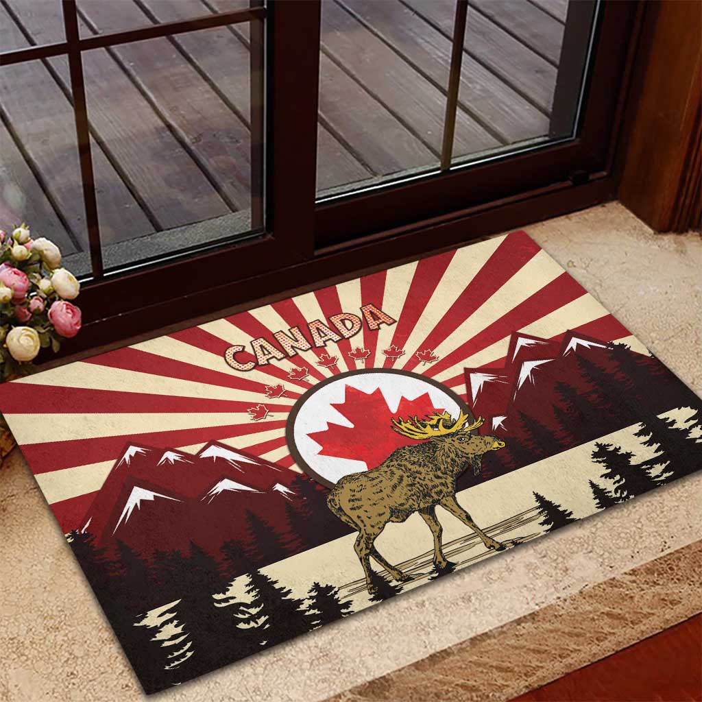 Personalized Canada Maple Leaf Rubber Doormat Moose And Forest Retro Style