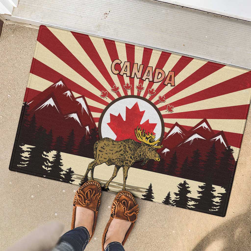 Personalized Canada Maple Leaf Rubber Doormat Moose And Forest Retro Style