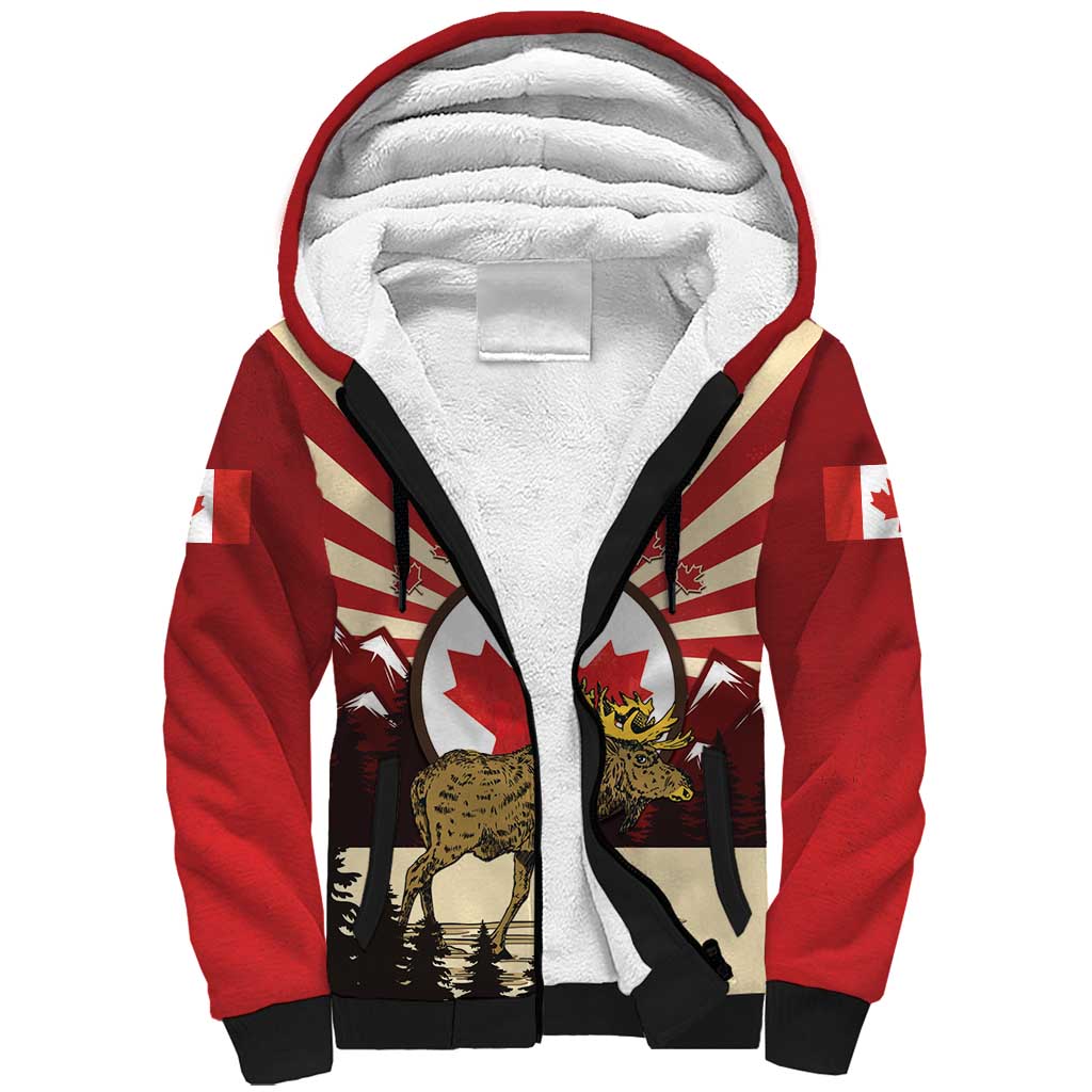 Personalized Canada Maple Leaf Sherpa Hoodie Moose And Forest Retro Style
