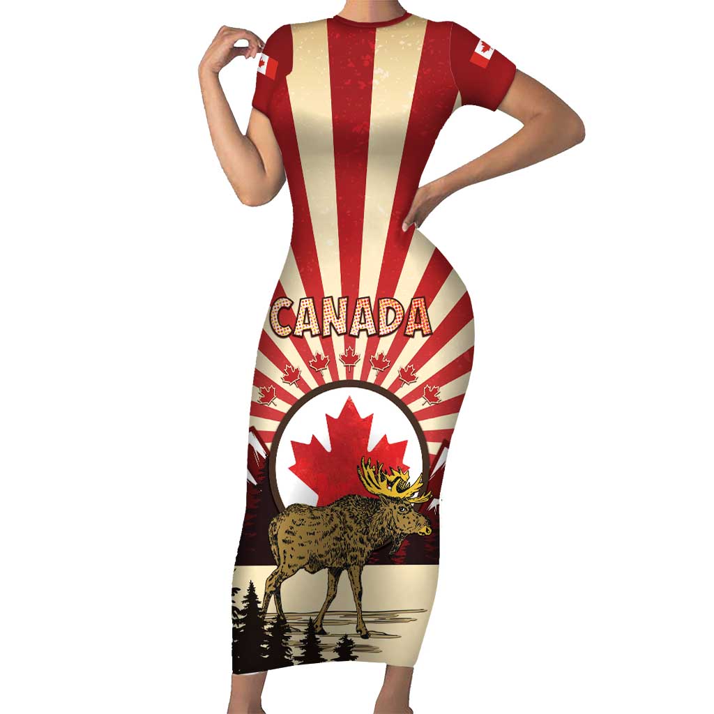 Personalized Canada Maple Leaf Short Sleeve Bodycon Dress Moose And Forest Retro Style