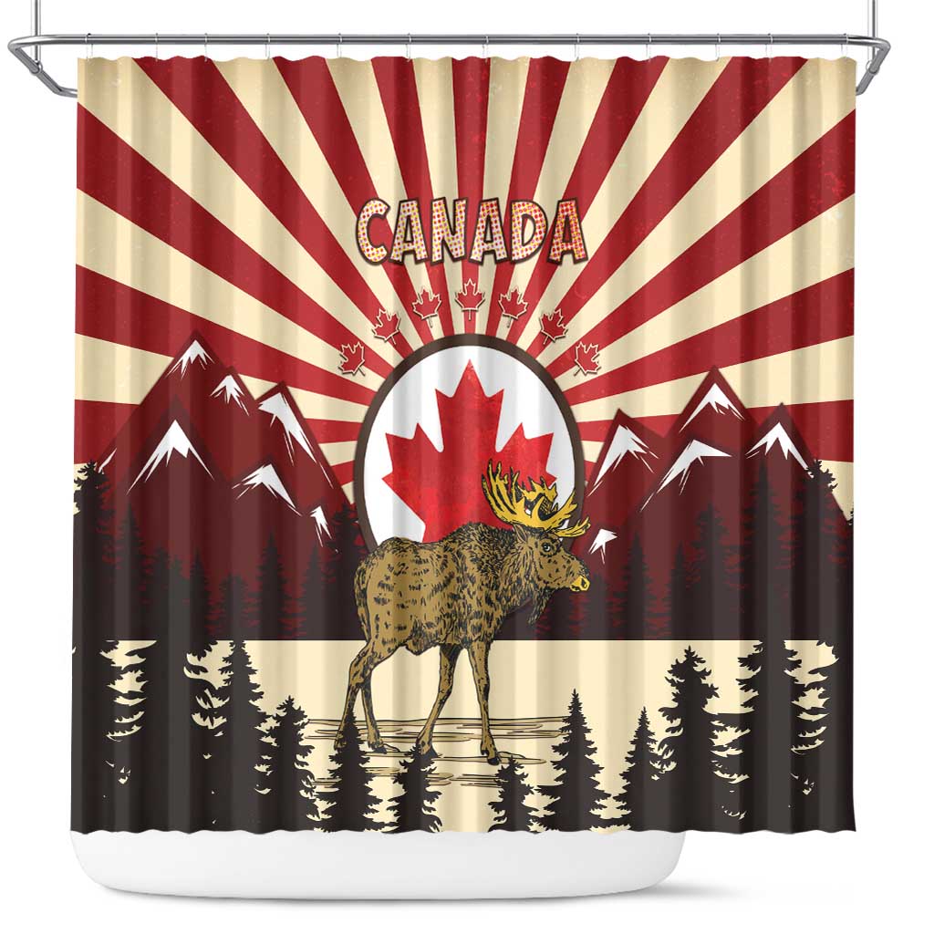 Personalized Canada Maple Leaf Shower Curtain Moose And Forest Retro Style