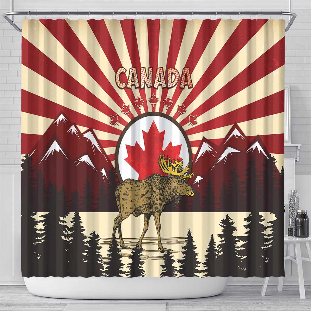 Personalized Canada Maple Leaf Shower Curtain Moose And Forest Retro Style