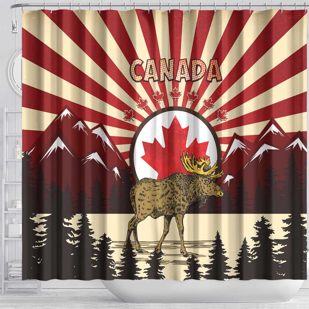 Personalized Canada Maple Leaf Shower Curtain Moose And Forest Retro Style