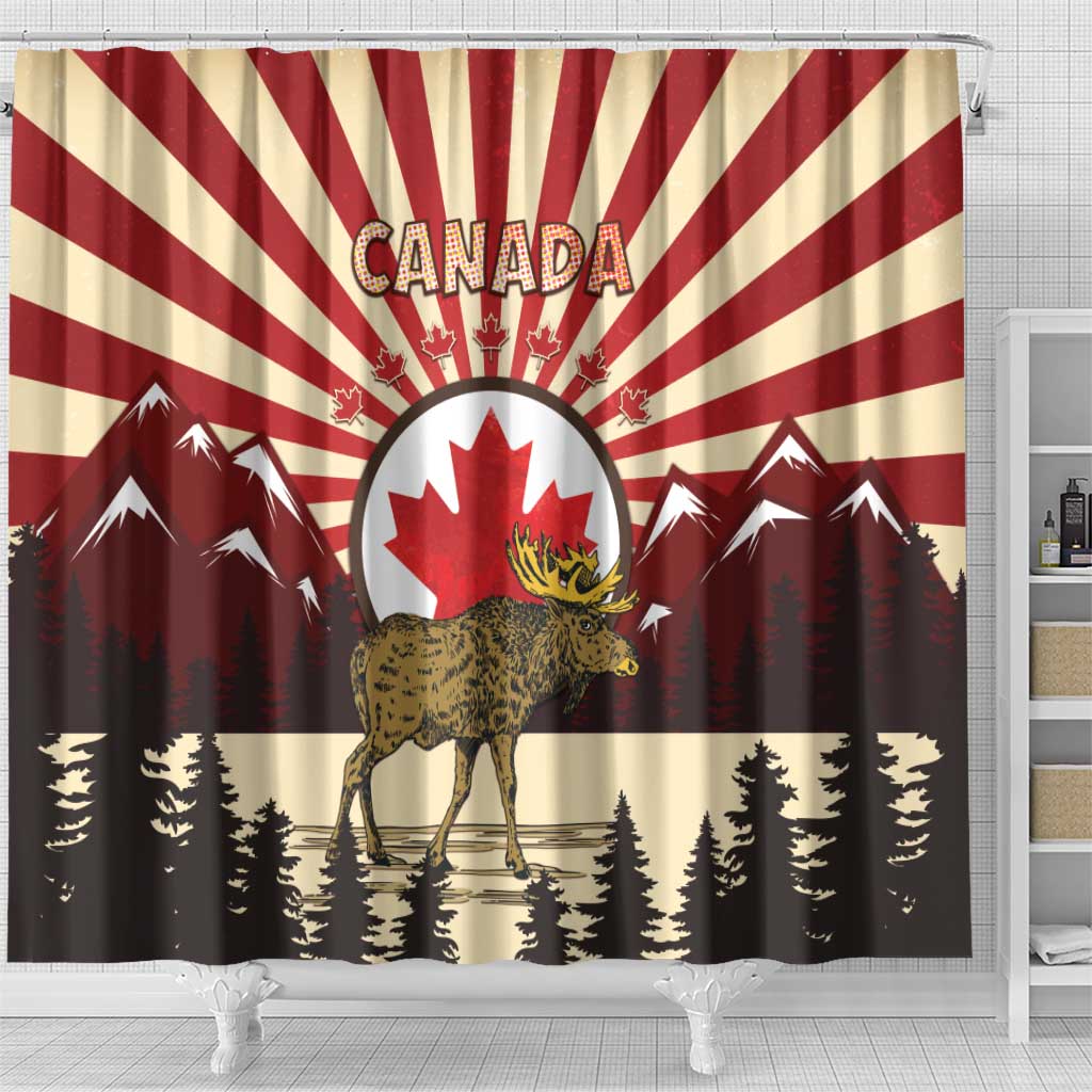 Personalized Canada Maple Leaf Shower Curtain Moose And Forest Retro Style