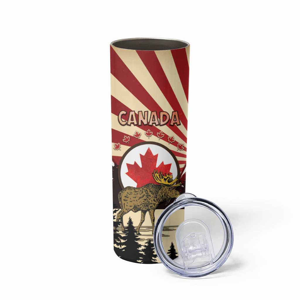 Personalized Canada Maple Leaf Skinny Tumbler Moose And Forest Retro Style
