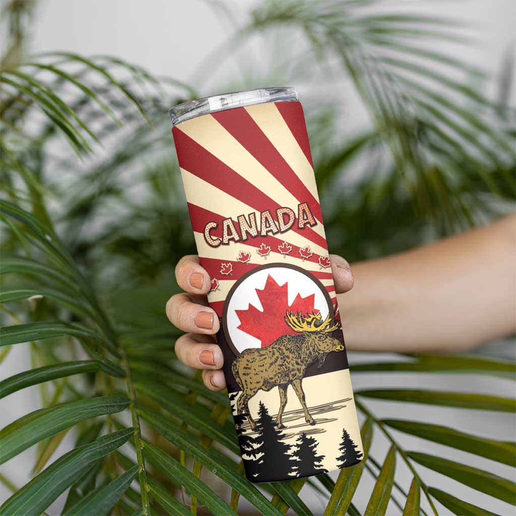 Personalized Canada Maple Leaf Skinny Tumbler Moose And Forest Retro Style