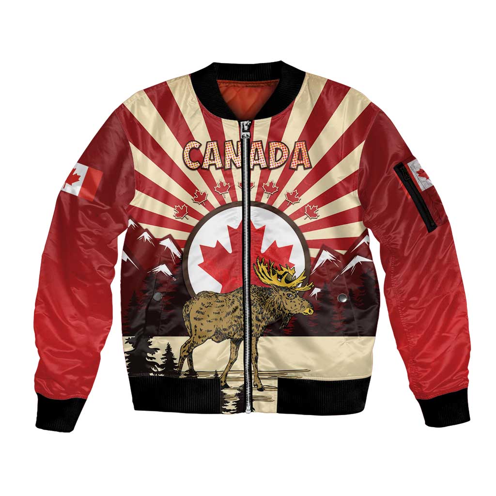 Personalized Canada Maple Leaf Sleeve Zip Bomber Jacket Moose And Forest Retro Style