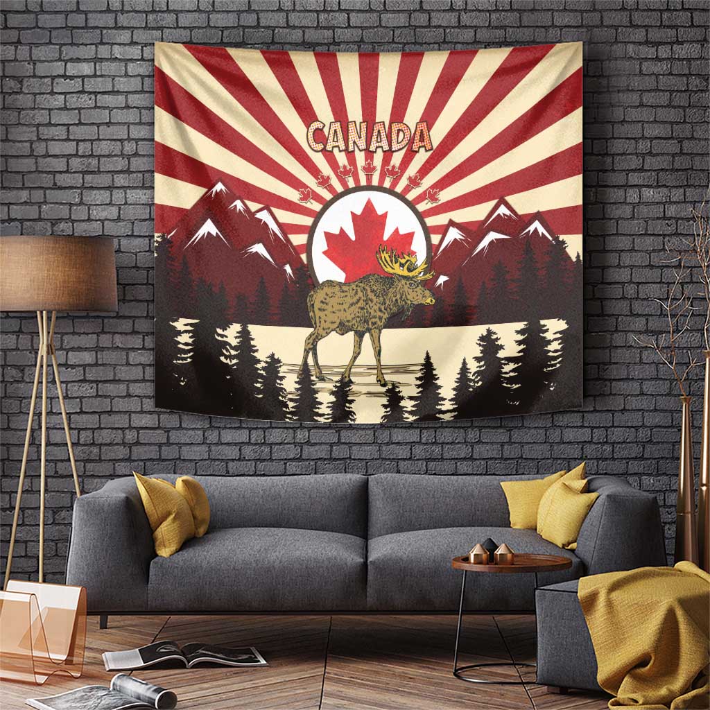 Personalized Canada Maple Leaf Tapestry Moose And Forest Retro Style