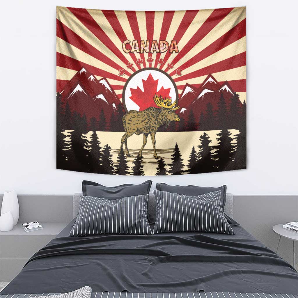 Personalized Canada Maple Leaf Tapestry Moose And Forest Retro Style