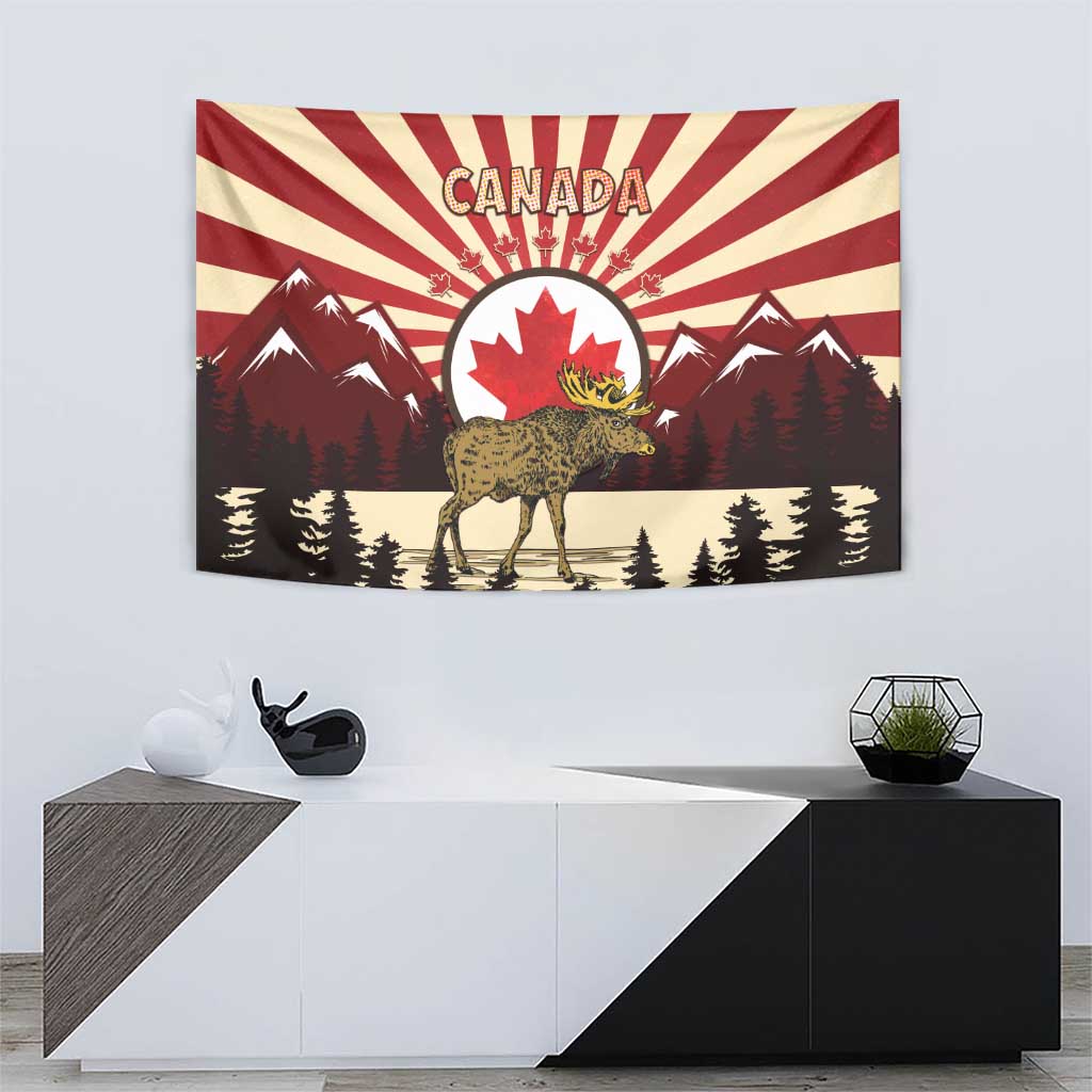 Personalized Canada Maple Leaf Tapestry Moose And Forest Retro Style
