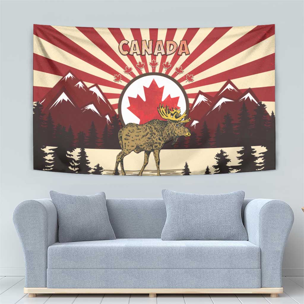 Personalized Canada Maple Leaf Tapestry Moose And Forest Retro Style