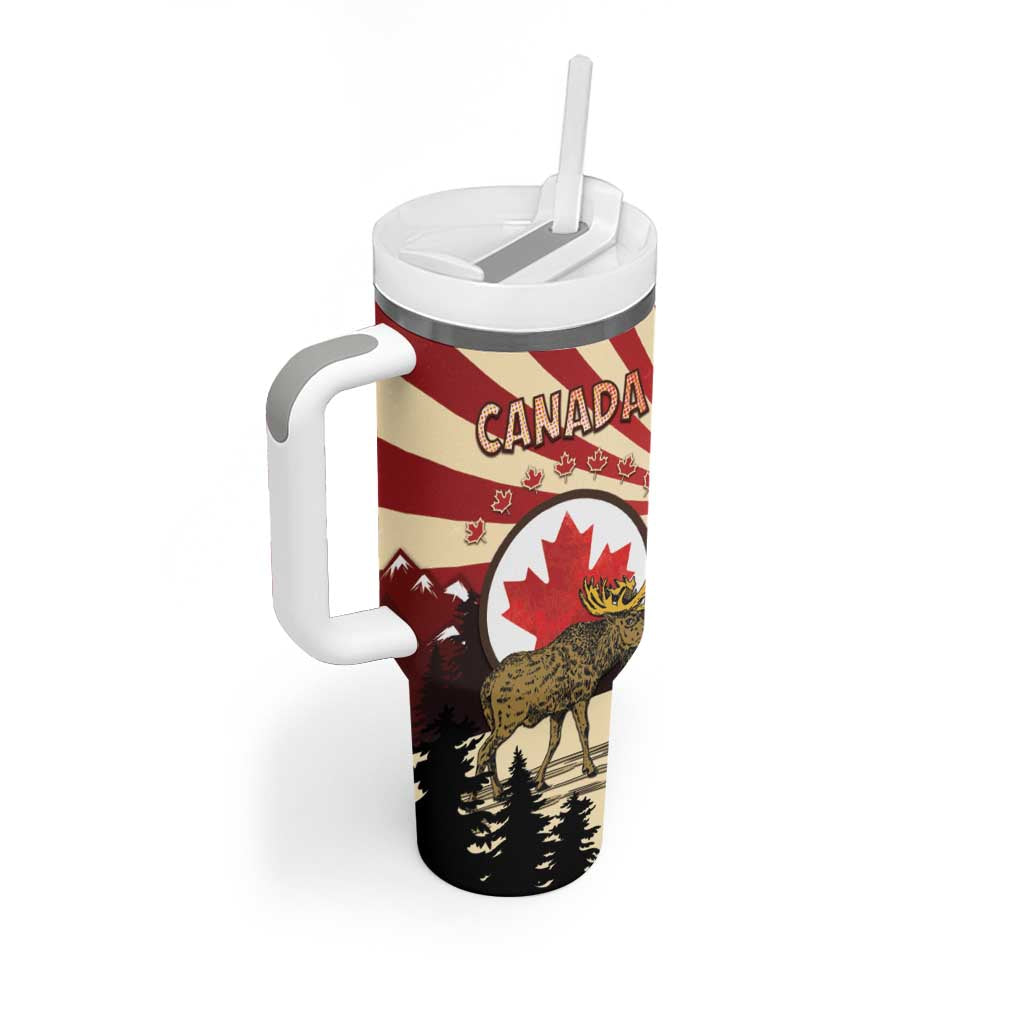 Personalized Canada Maple Leaf Tumbler With Handle Moose And Forest Retro Style