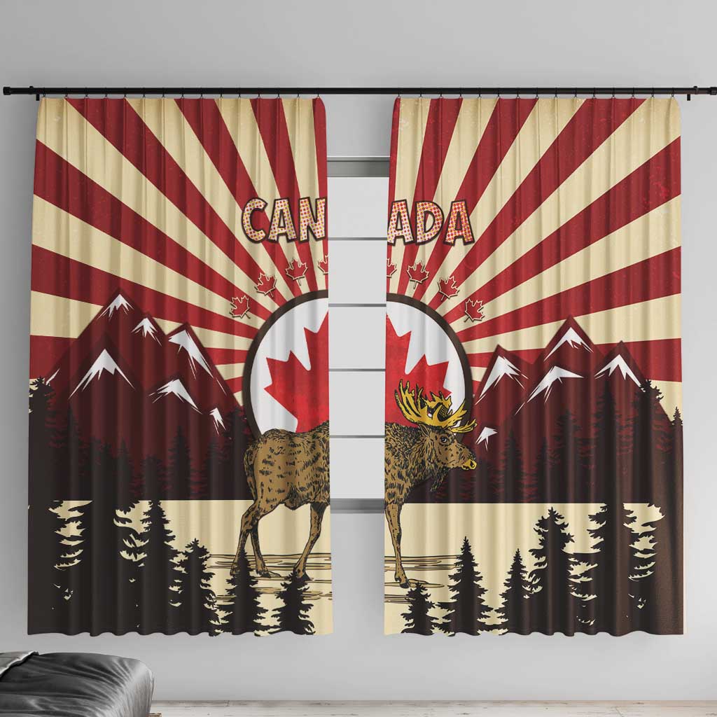 Personalized Canada Maple Leaf Window Curtain Moose And Forest Retro Style