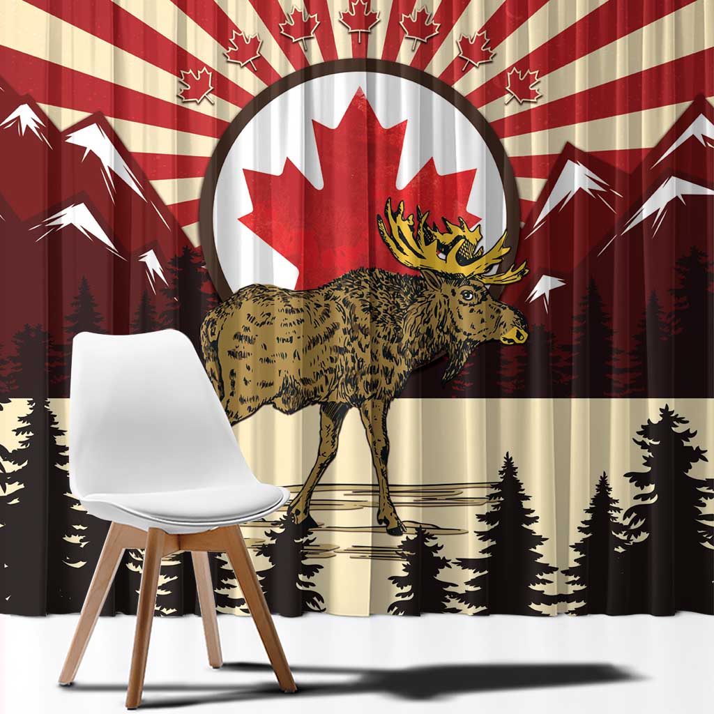 Personalized Canada Maple Leaf Window Curtain Moose And Forest Retro Style