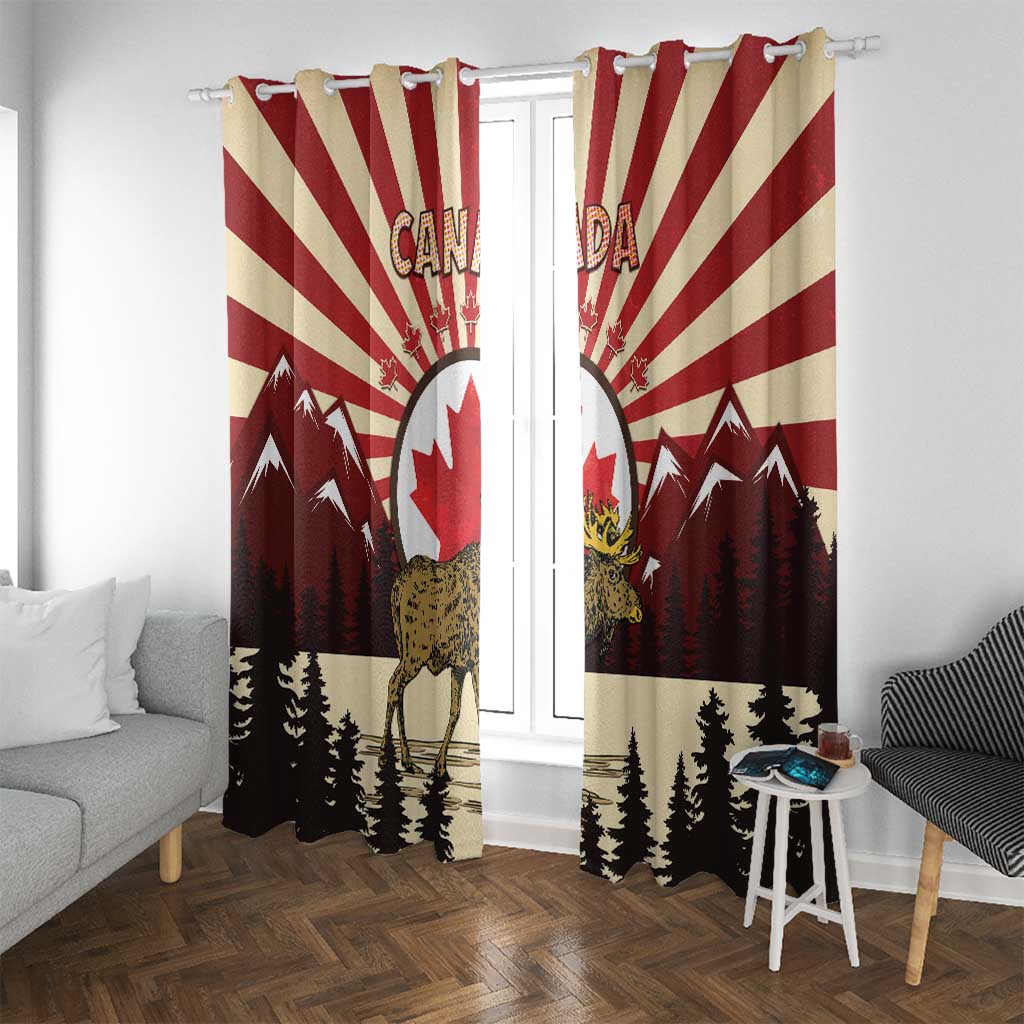 Personalized Canada Maple Leaf Window Curtain Moose And Forest Retro Style