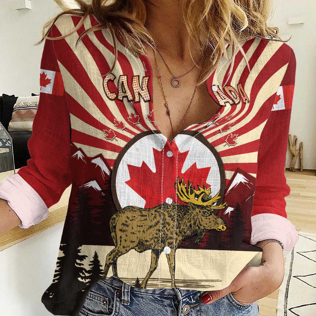 Personalized Canada Maple Leaf Women Casual Shirt Moose And Forest Retro Style
