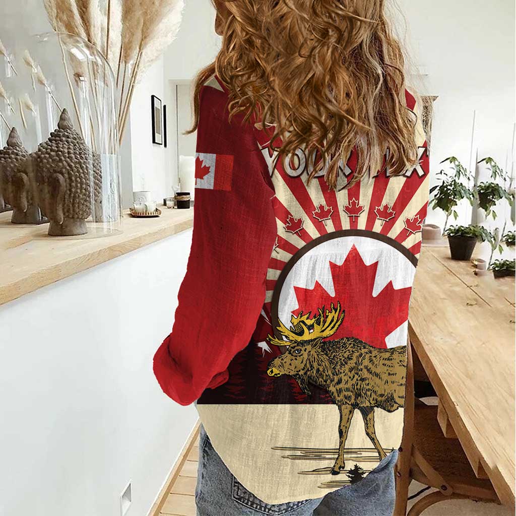 Personalized Canada Maple Leaf Women Casual Shirt Moose And Forest Retro Style
