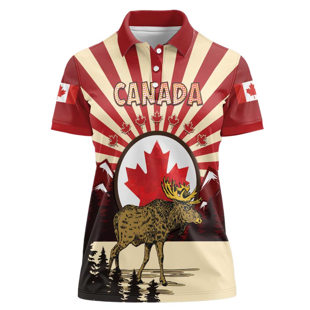 Personalized Canada Maple Leaf Women Polo Shirt Moose And Forest Retro Style