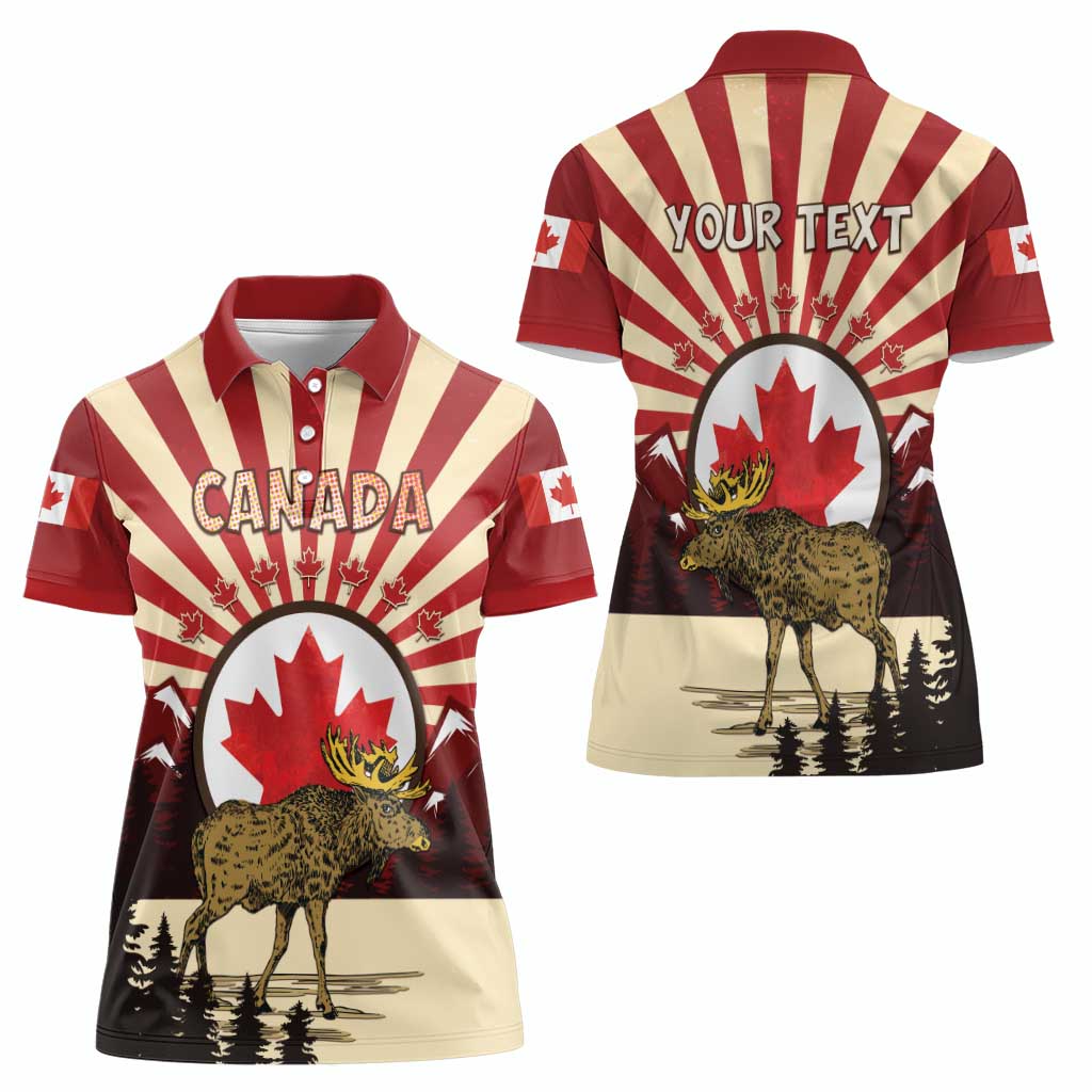 Personalized Canada Maple Leaf Women Polo Shirt Moose And Forest Retro Style