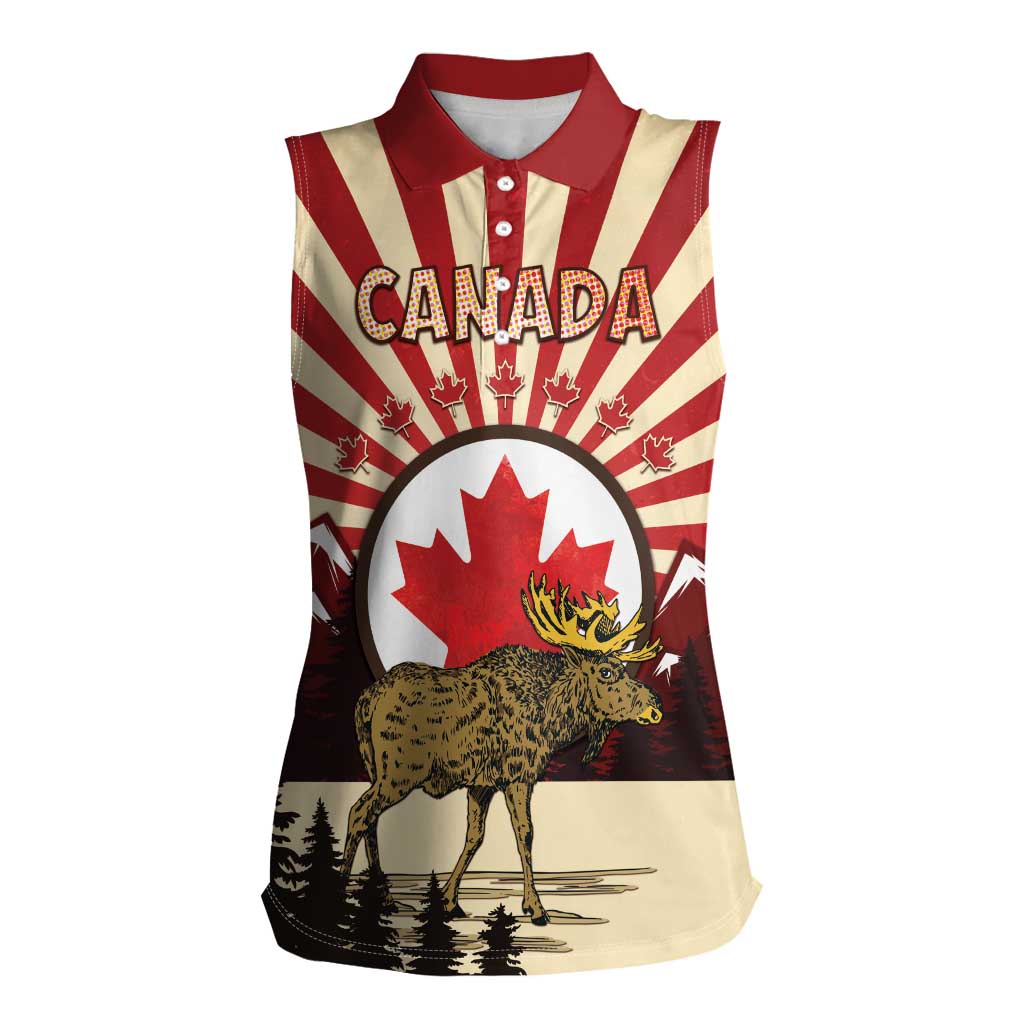 Personalized Canada Maple Leaf Women Sleeveless Polo Shirt Moose And Forest Retro Style