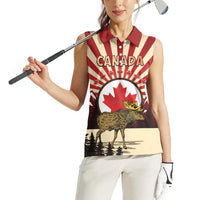 Personalized Canada Maple Leaf Women Sleeveless Polo Shirt Moose And Forest Retro Style