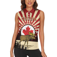 Personalized Canada Maple Leaf Women Sleeveless Polo Shirt Moose And Forest Retro Style