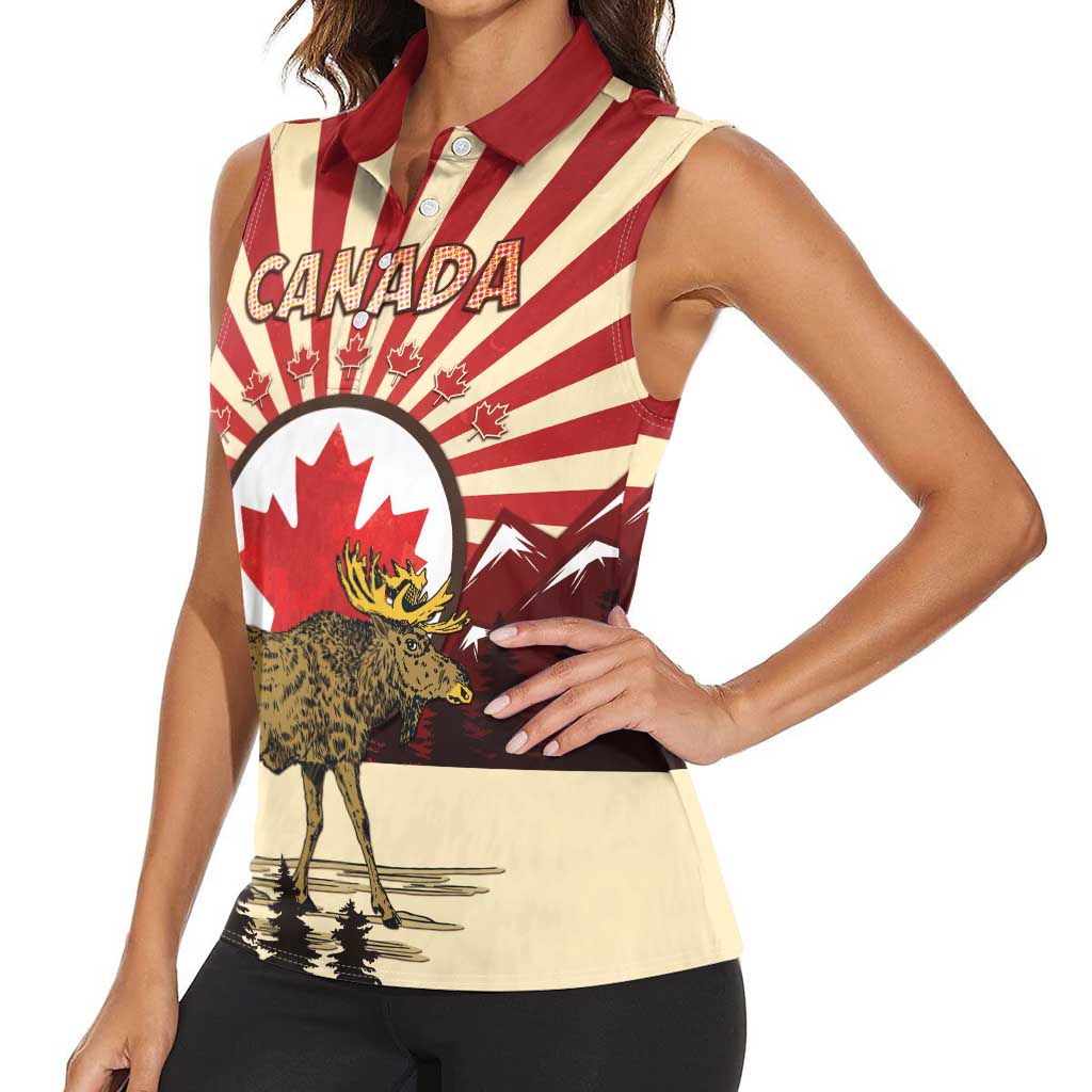 Personalized Canada Maple Leaf Women Sleeveless Polo Shirt Moose And Forest Retro Style