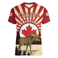 Personalized Canada Maple Leaf Women V-Neck T-Shirt Moose And Forest Retro Style