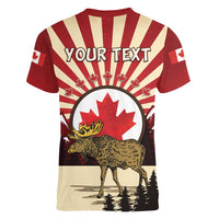 Personalized Canada Maple Leaf Women V-Neck T-Shirt Moose And Forest Retro Style