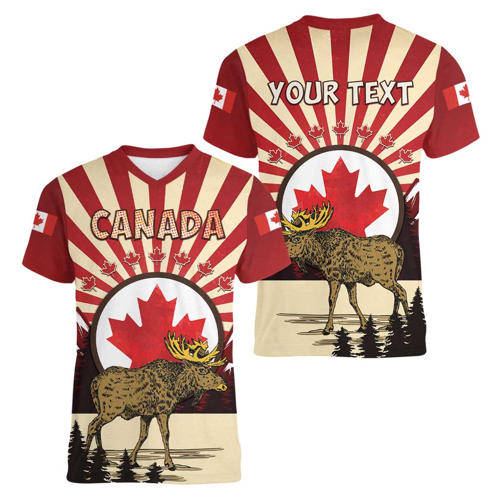 Personalized Canada Maple Leaf Women V-Neck T-Shirt Moose And Forest Retro Style