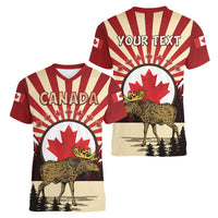 Personalized Canada Maple Leaf Women V-Neck T-Shirt Moose And Forest Retro Style