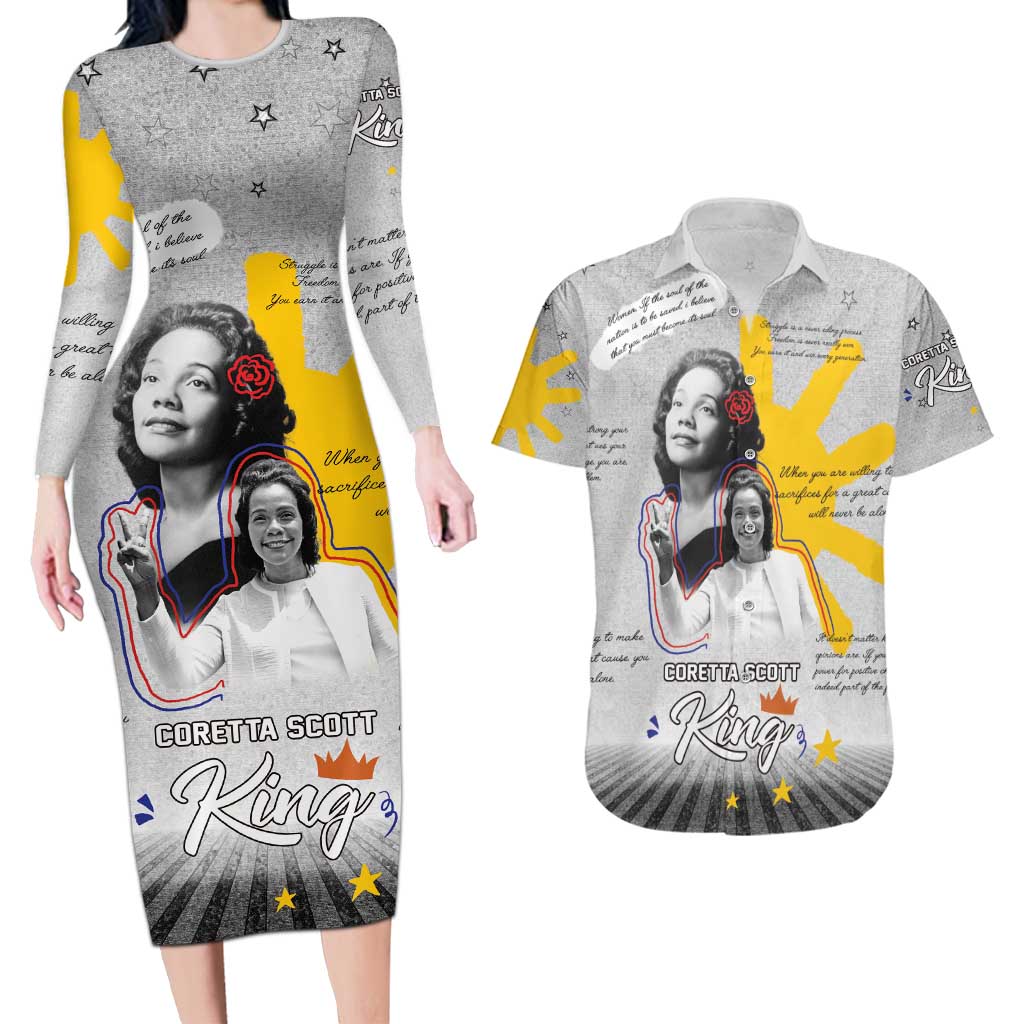 Coretta Scott King Couples Matching Long Sleeve Bodycon Dress and Hawaiian Shirt Honoring The Legacy Hand Draw Style