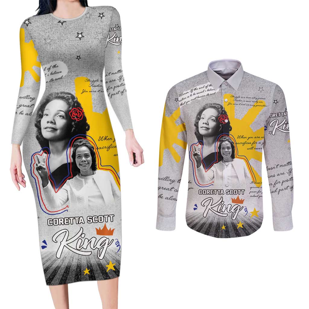 Coretta Scott King Couples Matching Long Sleeve Bodycon Dress and Long Sleeve Button Shirt Honoring The Legacy Hand Draw Style