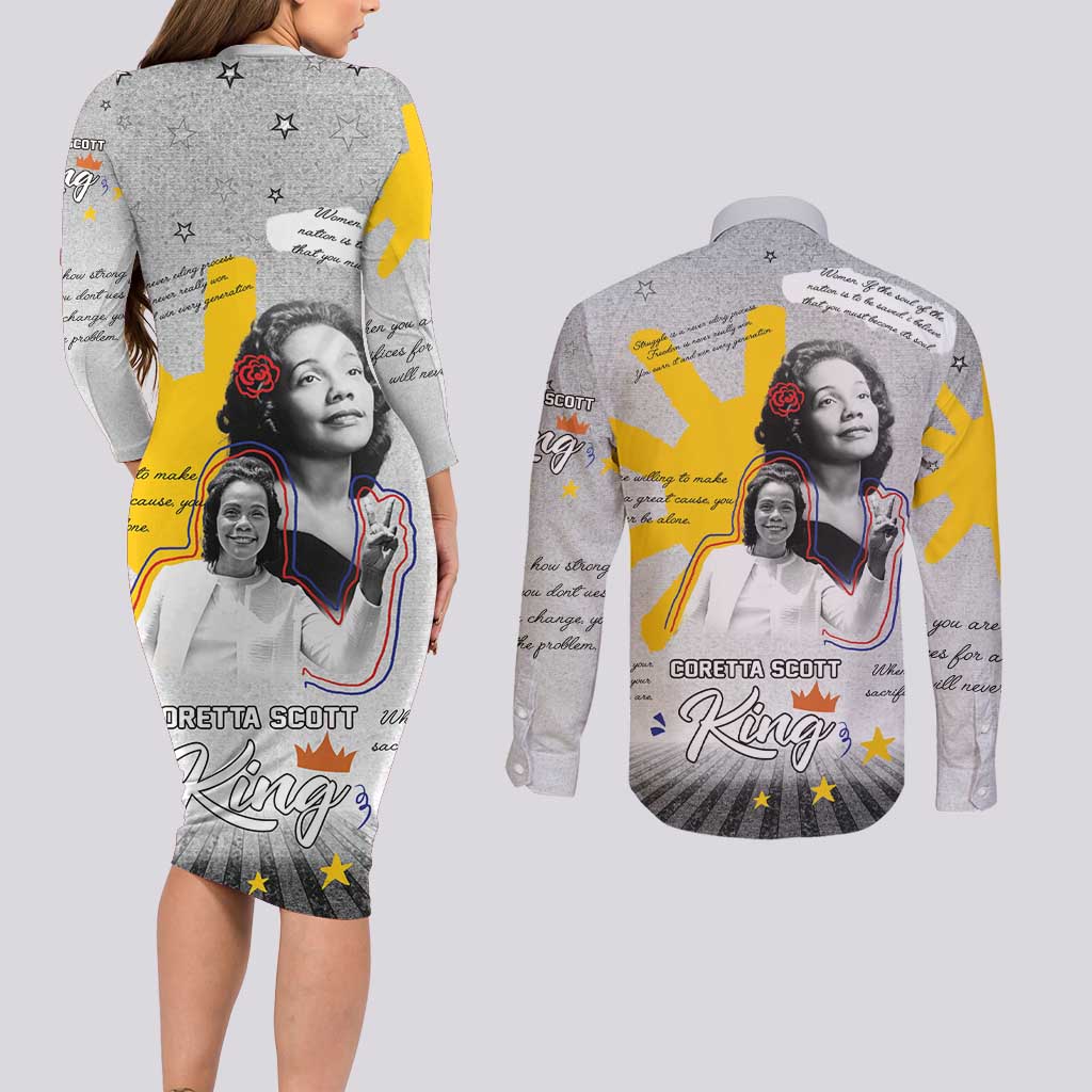 Coretta Scott King Couples Matching Long Sleeve Bodycon Dress and Long Sleeve Button Shirt Honoring The Legacy Hand Draw Style