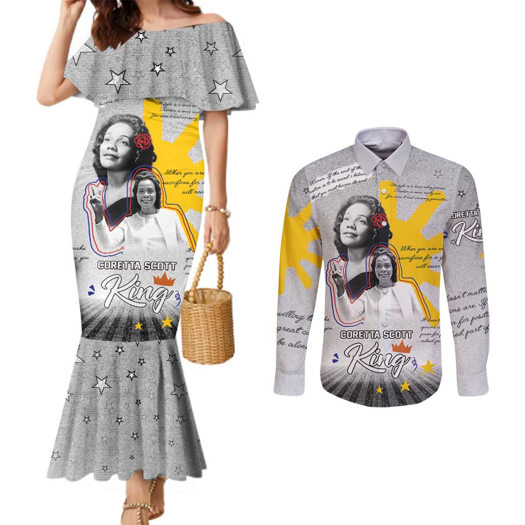 Coretta Scott King Couples Matching Mermaid Dress and Long Sleeve Button Shirt Honoring The Legacy Hand Draw Style