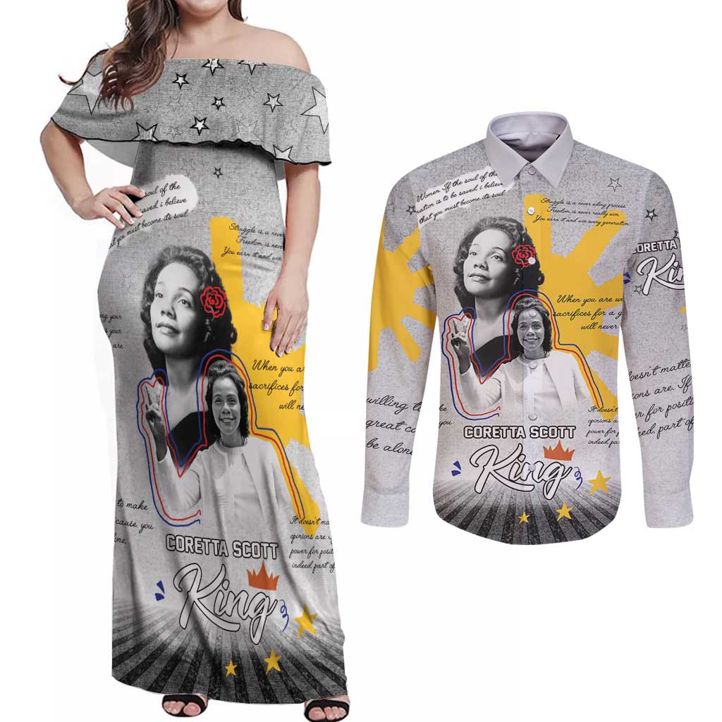 Coretta Scott King Couples Matching Off Shoulder Maxi Dress and Long Sleeve Button Shirt Honoring The Legacy Hand Draw Style