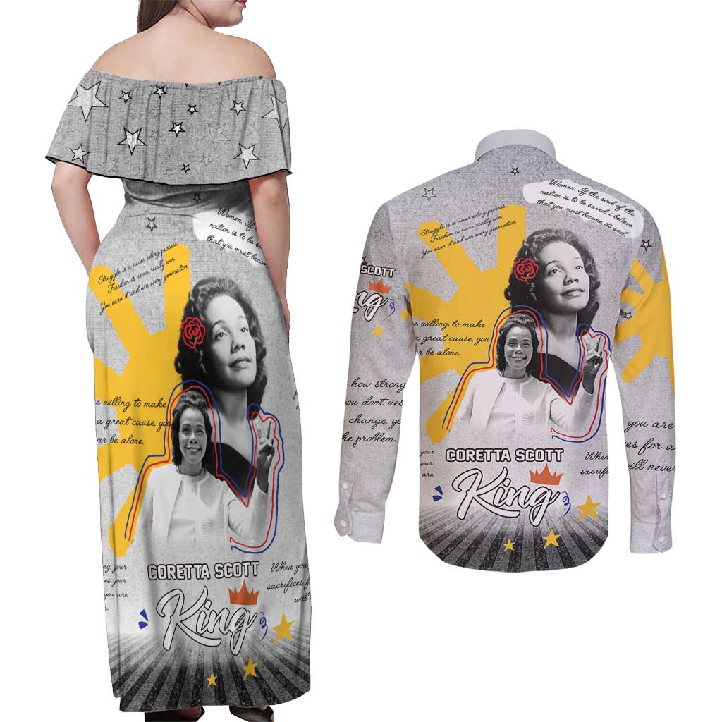 Coretta Scott King Couples Matching Off Shoulder Maxi Dress and Long Sleeve Button Shirt Honoring The Legacy Hand Draw Style