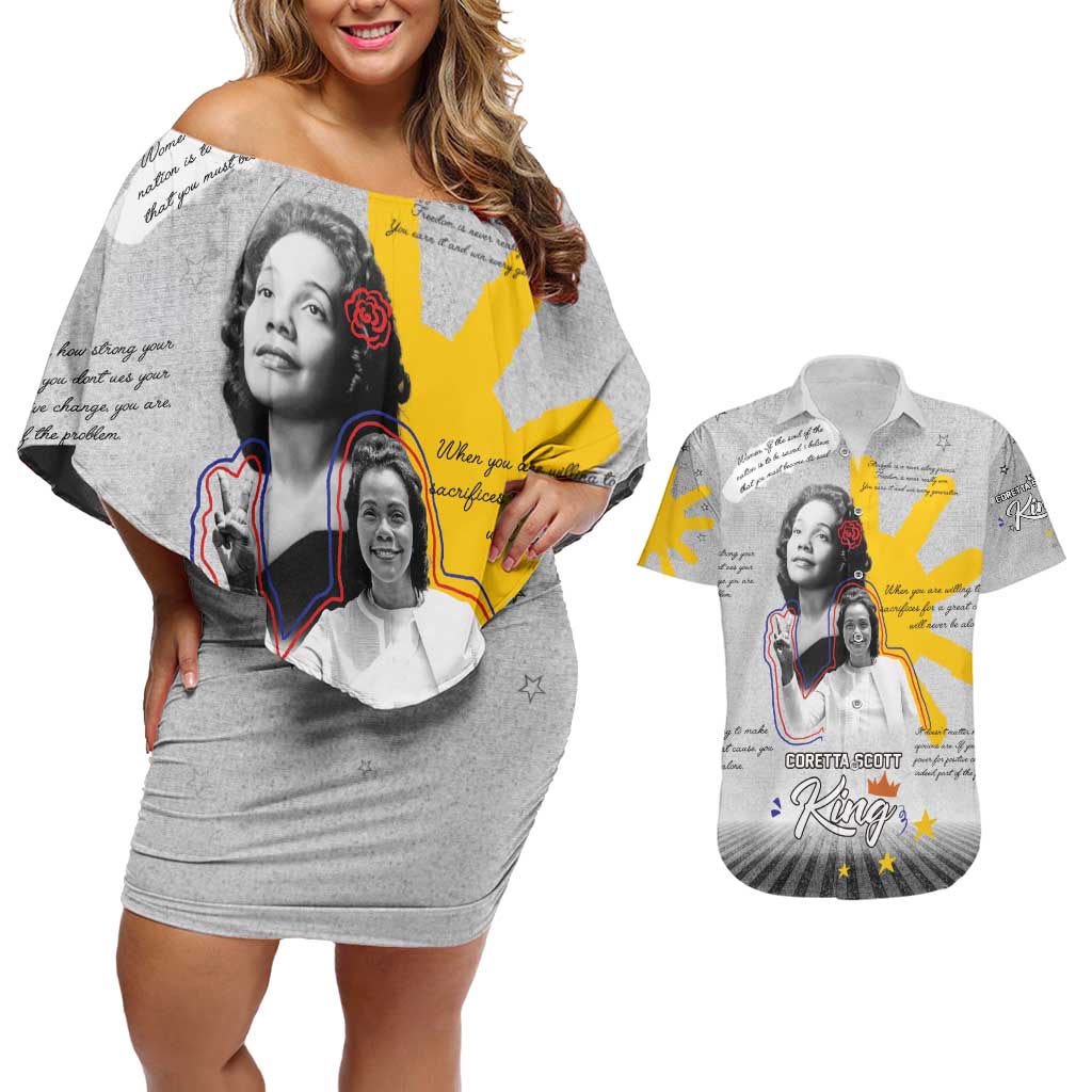 Coretta Scott King Couples Matching Off Shoulder Short Dress and Hawaiian Shirt Honoring The Legacy Hand Draw Style