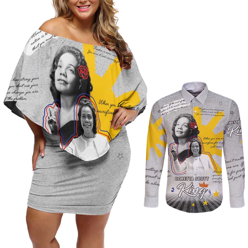 Coretta Scott King Couples Matching Off Shoulder Short Dress and Long Sleeve Button Shirt Honoring The Legacy Hand Draw Style