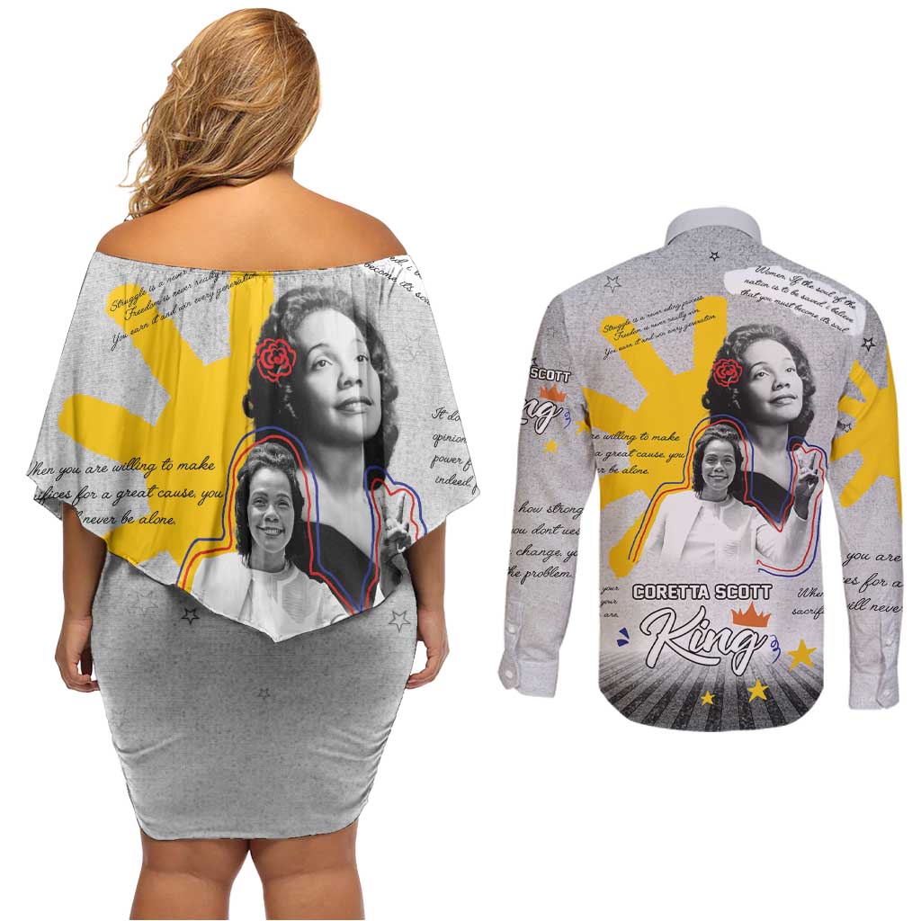Coretta Scott King Couples Matching Off Shoulder Short Dress and Long Sleeve Button Shirt Honoring The Legacy Hand Draw Style