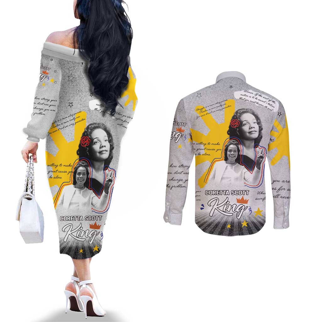 Coretta Scott King Couples Matching Off The Shoulder Long Sleeve Dress and Long Sleeve Button Shirt Honoring The Legacy Hand Draw Style