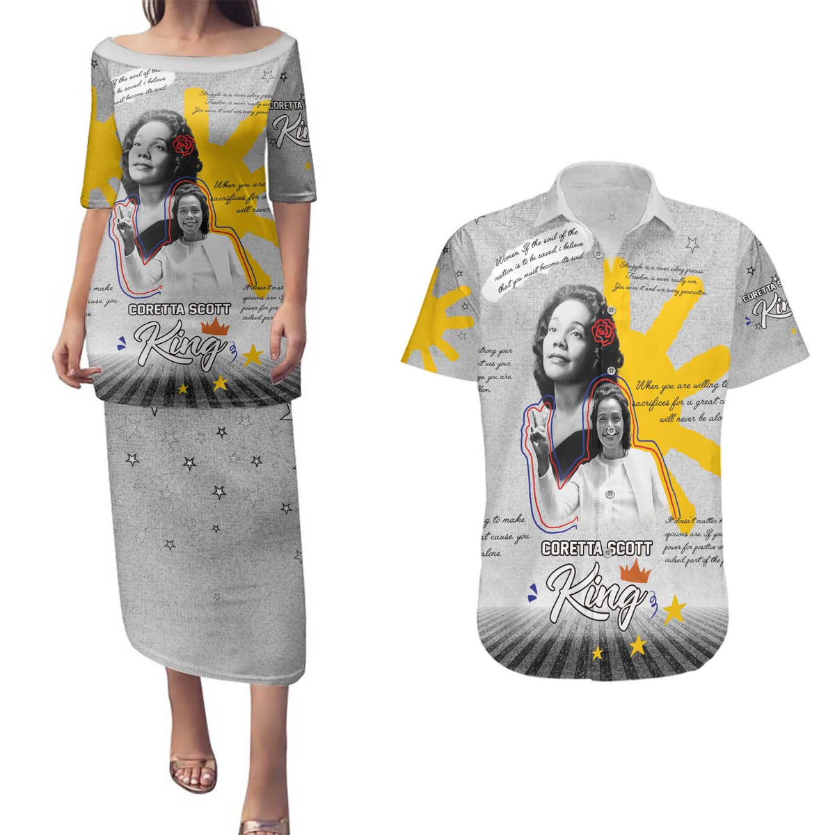 Coretta Scott King Couples Matching Puletasi and Hawaiian Shirt Honoring The Legacy Hand Draw Style