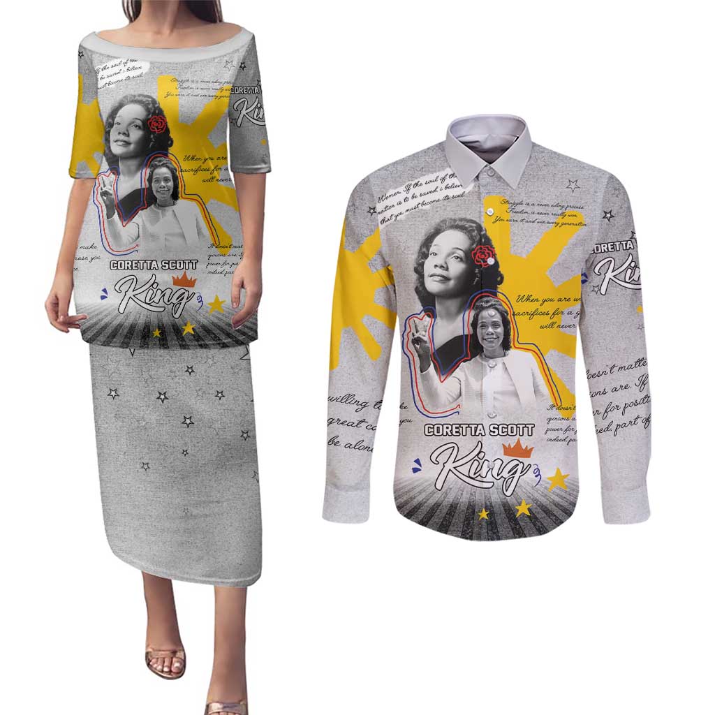 Coretta Scott King Couples Matching Puletasi and Long Sleeve Button Shirt Honoring The Legacy Hand Draw Style