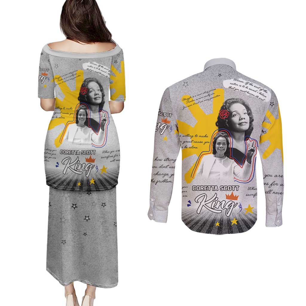 Coretta Scott King Couples Matching Puletasi and Long Sleeve Button Shirt Honoring The Legacy Hand Draw Style