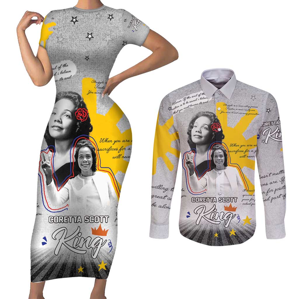 Coretta Scott King Couples Matching Short Sleeve Bodycon Dress and Long Sleeve Button Shirt Honoring The Legacy Hand Draw Style