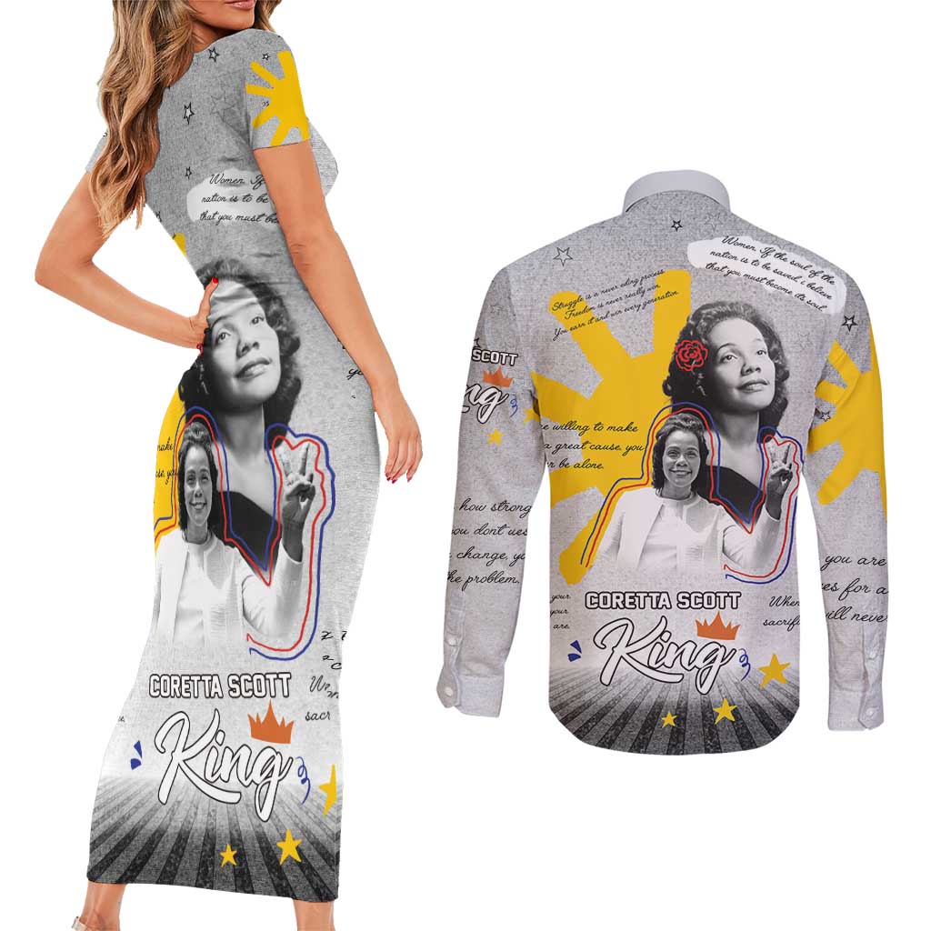 Coretta Scott King Couples Matching Short Sleeve Bodycon Dress and Long Sleeve Button Shirt Honoring The Legacy Hand Draw Style