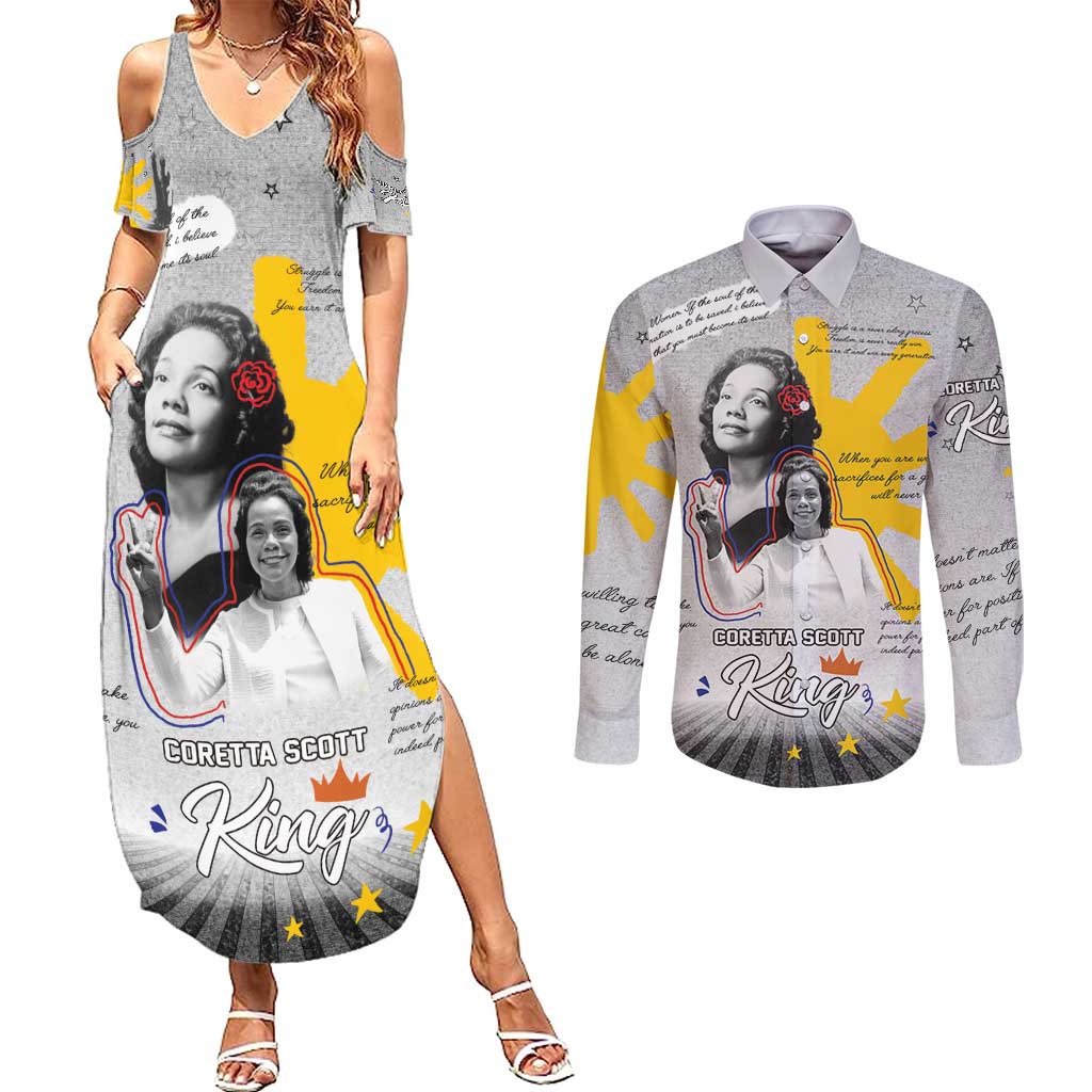 Coretta Scott King Couples Matching Summer Maxi Dress and Long Sleeve Button Shirt Honoring The Legacy Hand Draw Style