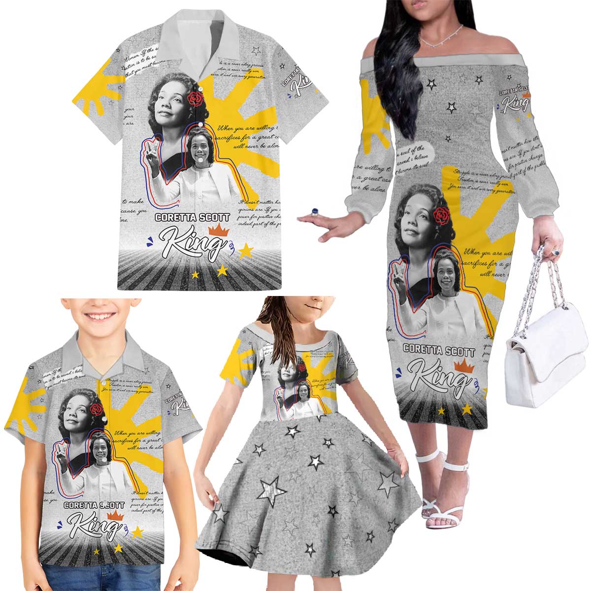 Coretta Scott King Family Matching Off The Shoulder Long Sleeve Dress and Hawaiian Shirt Honoring The Legacy Hand Draw Style