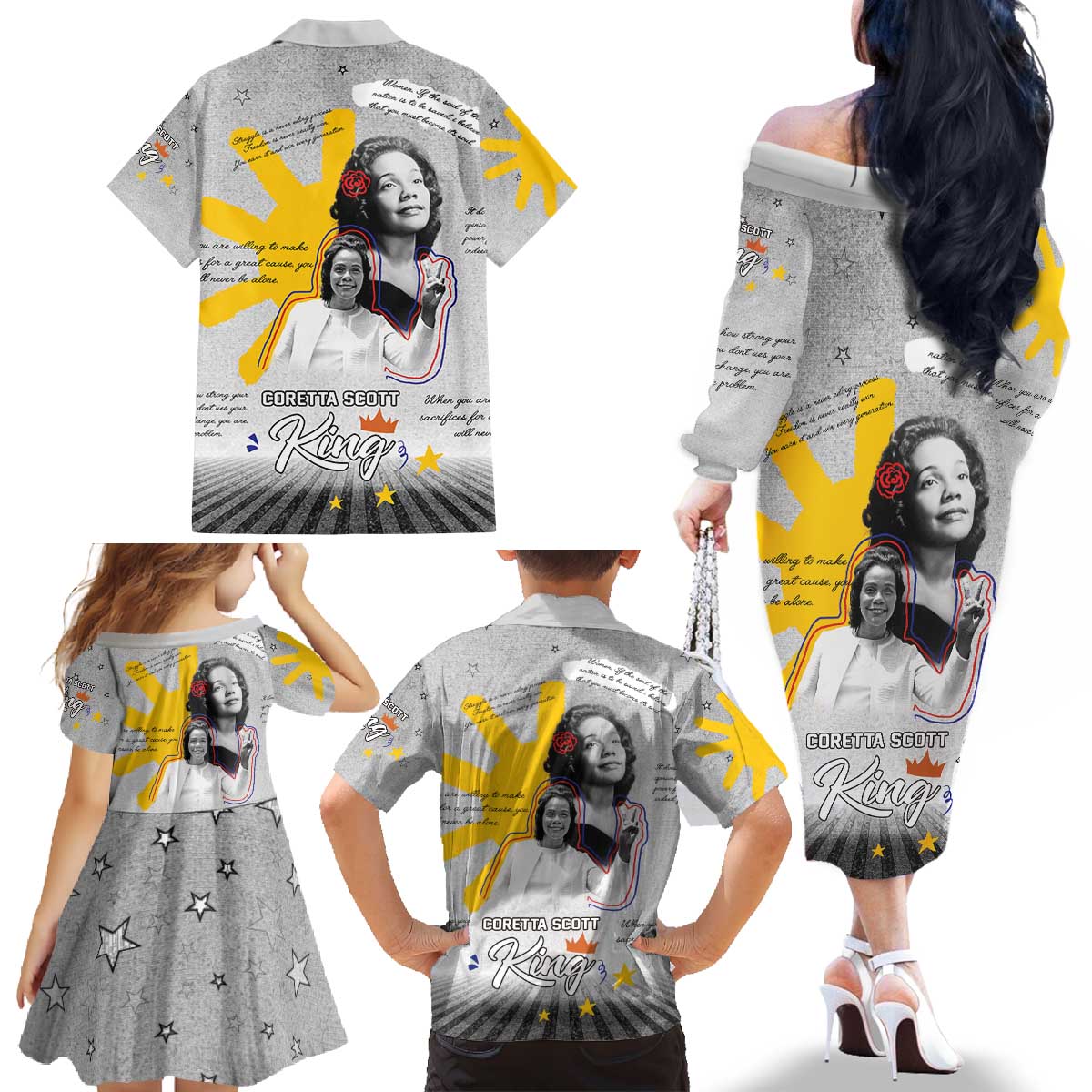 Coretta Scott King Family Matching Off The Shoulder Long Sleeve Dress and Hawaiian Shirt Honoring The Legacy Hand Draw Style